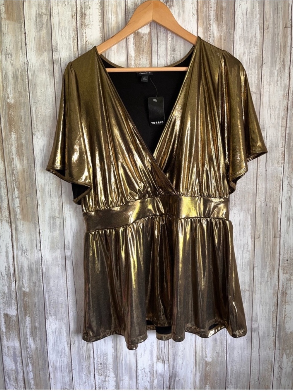 Torrid Gold Liquid Shine Surplice Peplum Top Metallic Flutter Sleeve 1X NWT - Picture 2 of 6